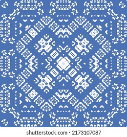 Portuguese ornamental azulejo ceramic. Vector seamless pattern flyer. Minimal design. Blue vintage backdrop for wallpaper, web background, towels, print, surface texture, pillows.