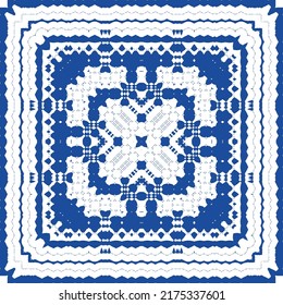 Portuguese ornamental azulejo ceramic. Vector seamless pattern flyer. Minimal design. Blue vintage backdrop for wallpaper, web background, towels, print, surface texture, pillows.