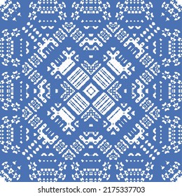 Portuguese ornamental azulejo ceramic. Vector seamless pattern flyer. Minimal design. Blue vintage backdrop for wallpaper, web background, towels, print, surface texture, pillows.