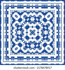 Portuguese ornamental azulejo ceramic. Vector seamless pattern flyer. Minimal design. Blue vintage backdrop for wallpaper, web background, towels, print, surface texture, pillows.