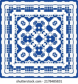 Portuguese ornamental azulejo ceramic. Vector seamless pattern flyer. Minimal design. Blue vintage backdrop for wallpaper, web background, towels, print, surface texture, pillows.