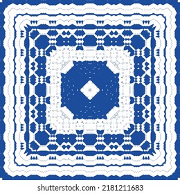Portuguese ornamental azulejo ceramic. Vector seamless pattern flyer. Minimal design. Blue vintage backdrop for wallpaper, web background, towels, print, surface texture, pillows.