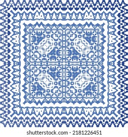 Portuguese ornamental azulejo ceramic. Vector seamless pattern collage. Universal design. Blue vintage backdrop for wallpaper, web background, towels, print, surface texture, pillows.