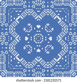 Portuguese ornamental azulejo ceramic. Vector seamless pattern flyer. Minimal design. Blue vintage backdrop for wallpaper, web background, towels, print, surface texture, pillows.