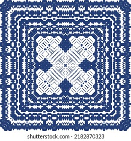 Portuguese ornamental azulejo ceramic. Vector seamless pattern frame. Geometric design. Blue vintage backdrop for wallpaper, web background, towels, print, surface texture, pillows.