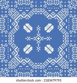 Portuguese ornamental azulejo ceramic. Vector seamless pattern flyer. Minimal design. Blue vintage backdrop for wallpaper, web background, towels, print, surface texture, pillows.