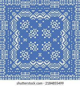 Portuguese ornamental azulejo ceramic. Vector seamless pattern flyer. Minimal design. Blue vintage backdrop for wallpaper, web background, towels, print, surface texture, pillows.