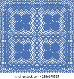 Portuguese ornamental azulejo ceramic. Vector seamless pattern flyer. Minimal design. Blue vintage backdrop for wallpaper, web background, towels, print, surface texture, pillows.