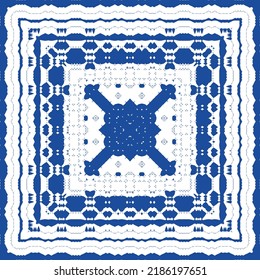 Portuguese ornamental azulejo ceramic. Vector seamless pattern flyer. Minimal design. Blue vintage backdrop for wallpaper, web background, towels, print, surface texture, pillows.