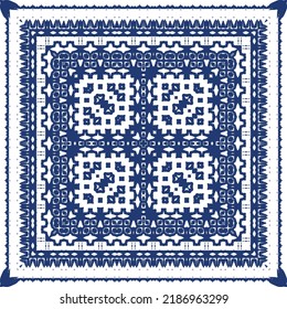 Portuguese ornamental azulejo ceramic. Vector seamless pattern collage. Universal design. Blue vintage backdrop for wallpaper, web background, towels, print, surface texture, pillows.