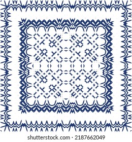 Portuguese ornamental azulejo ceramic. Vector seamless pattern collage. Universal design. Blue vintage backdrop for wallpaper, web background, towels, print, surface texture, pillows.