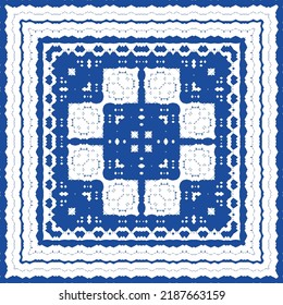 Portuguese ornamental azulejo ceramic. Vector seamless pattern flyer. Minimal design. Blue vintage backdrop for wallpaper, web background, towels, print, surface texture, pillows.