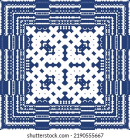 Portuguese ornamental azulejo ceramic. Vector seamless pattern frame. Geometric design. Blue vintage backdrop for wallpaper, web background, towels, print, surface texture, pillows.