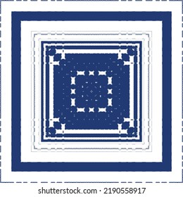 Portuguese ornamental azulejo ceramic. Vector seamless pattern frame. Geometric design. Blue vintage backdrop for wallpaper, web background, towels, print, surface texture, pillows.