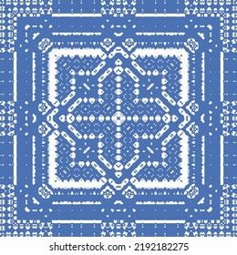 Portuguese ornamental azulejo ceramic. Vector seamless pattern flyer. Minimal design. Blue vintage backdrop for wallpaper, web background, towels, print, surface texture, pillows.