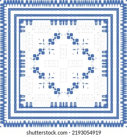 Portuguese ornamental azulejo ceramic. Vector seamless pattern collage. Universal design. Blue vintage backdrop for wallpaper, web background, towels, print, surface texture, pillows.