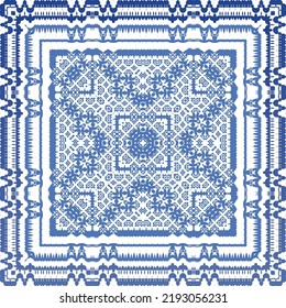 Portuguese ornamental azulejo ceramic. Vector seamless pattern collage. Universal design. Blue vintage backdrop for wallpaper, web background, towels, print, surface texture, pillows.