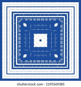 Portuguese ornamental azulejo ceramic. Vector seamless pattern flyer. Minimal design. Blue vintage backdrop for wallpaper, web background, towels, print, surface texture, pillows.