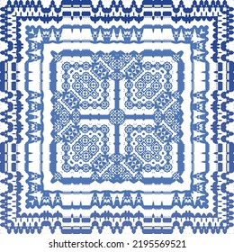 Portuguese ornamental azulejo ceramic. Vector seamless pattern collage. Universal design. Blue vintage backdrop for wallpaper, web background, towels, print, surface texture, pillows.