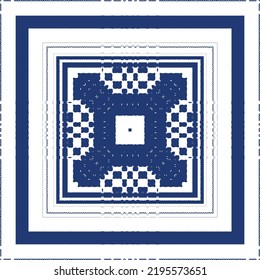 Portuguese ornamental azulejo ceramic. Vector seamless pattern frame. Geometric design. Blue vintage backdrop for wallpaper, web background, towels, print, surface texture, pillows.