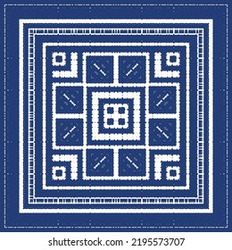 Portuguese ornamental azulejo ceramic. Vector seamless pattern frame. Geometric design. Blue vintage backdrop for wallpaper, web background, towels, print, surface texture, pillows.
