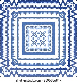 Portuguese ornamental azulejo ceramic. Vector seamless pattern collage. Universal design. Blue vintage backdrop for wallpaper, web background, towels, print, surface texture, pillows.