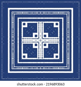 Portuguese ornamental azulejo ceramic. Vector seamless pattern frame. Geometric design. Blue vintage backdrop for wallpaper, web background, towels, print, surface texture, pillows.