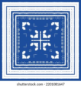 Portuguese ornamental azulejo ceramic. Vector seamless pattern flyer. Minimal design. Blue vintage backdrop for wallpaper, web background, towels, print, surface texture, pillows.