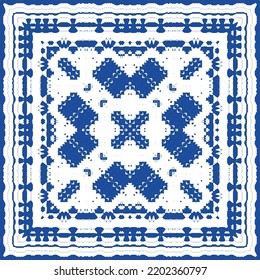 Portuguese ornamental azulejo ceramic. Vector seamless pattern flyer. Minimal design. Blue vintage backdrop for wallpaper, web background, towels, print, surface texture, pillows.