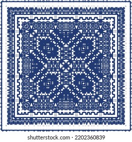 Portuguese ornamental azulejo ceramic. Vector seamless pattern collage. Universal design. Blue vintage backdrop for wallpaper, web background, towels, print, surface texture, pillows.