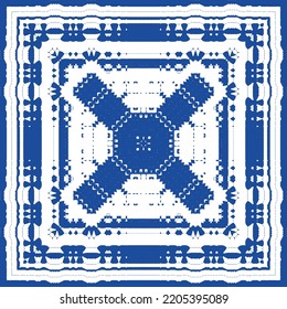 Portuguese ornamental azulejo ceramic. Vector seamless pattern flyer. Minimal design. Blue vintage backdrop for wallpaper, web background, towels, print, surface texture, pillows.