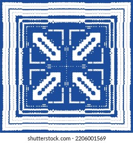 Portuguese ornamental azulejo ceramic. Vector seamless pattern flyer. Minimal design. Blue vintage backdrop for wallpaper, web background, towels, print, surface texture, pillows.