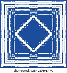 Portuguese ornamental azulejo ceramic. Vector seamless pattern flyer. Minimal design. Blue vintage backdrop for wallpaper, web background, towels, print, surface texture, pillows.