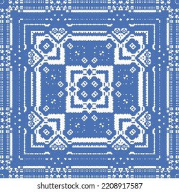 Portuguese ornamental azulejo ceramic. Vector seamless pattern flyer. Minimal design. Blue vintage backdrop for wallpaper, web background, towels, print, surface texture, pillows.