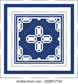 Portuguese ornamental azulejo ceramic. Vector seamless pattern frame. Geometric design. Blue vintage backdrop for wallpaper, web background, towels, print, surface texture, pillows.