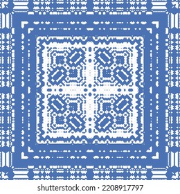 Portuguese ornamental azulejo ceramic. Vector seamless pattern flyer. Minimal design. Blue vintage backdrop for wallpaper, web background, towels, print, surface texture, pillows.