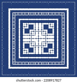 Portuguese ornamental azulejo ceramic. Vector seamless pattern frame. Geometric design. Blue vintage backdrop for wallpaper, web background, towels, print, surface texture, pillows.
