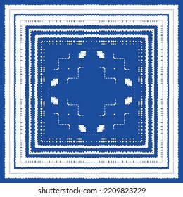 Portuguese ornamental azulejo ceramic. Vector seamless pattern flyer. Minimal design. Blue vintage backdrop for wallpaper, web background, towels, print, surface texture, pillows.