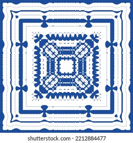 Portuguese ornamental azulejo ceramic. Vector seamless pattern flyer. Minimal design. Blue vintage backdrop for wallpaper, web background, towels, print, surface texture, pillows.