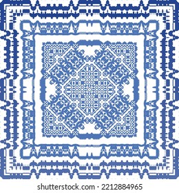 Portuguese ornamental azulejo ceramic. Vector seamless pattern collage. Universal design. Blue vintage backdrop for wallpaper, web background, towels, print, surface texture, pillows.