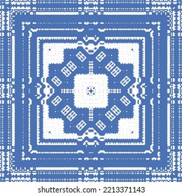 Portuguese ornamental azulejo ceramic. Vector seamless pattern flyer. Minimal design. Blue vintage backdrop for wallpaper, web background, towels, print, surface texture, pillows.
