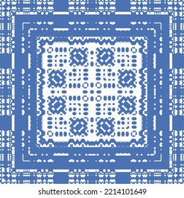 Portuguese ornamental azulejo ceramic. Vector seamless pattern flyer. Minimal design. Blue vintage backdrop for wallpaper, web background, towels, print, surface texture, pillows.