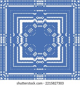 Portuguese ornamental azulejo ceramic. Vector seamless pattern flyer. Minimal design. Blue vintage backdrop for wallpaper, web background, towels, print, surface texture, pillows.