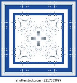 Portuguese ornamental azulejo ceramic. Vector seamless pattern flyer. Minimal design. Blue vintage backdrop for wallpaper, web background, towels, print, surface texture, pillows.
