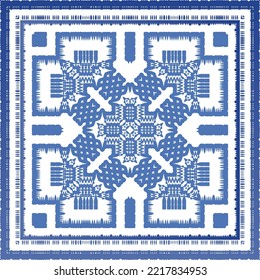 Portuguese ornamental azulejo ceramic. Vector seamless pattern collage. Universal design. Blue vintage backdrop for wallpaper, web background, towels, print, surface texture, pillows.
