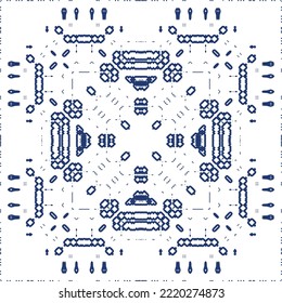 Portuguese ornamental azulejo ceramic. Vector seamless pattern collage. Universal design. Blue vintage backdrop for wallpaper, web background, towels, print, surface texture, pillows.