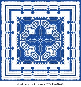 Portuguese ornamental azulejo ceramic. Vector seamless pattern flyer. Minimal design. Blue vintage backdrop for wallpaper, web background, towels, print, surface texture, pillows.