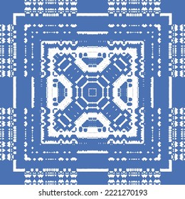 Portuguese ornamental azulejo ceramic. Vector seamless pattern flyer. Minimal design. Blue vintage backdrop for wallpaper, web background, towels, print, surface texture, pillows.