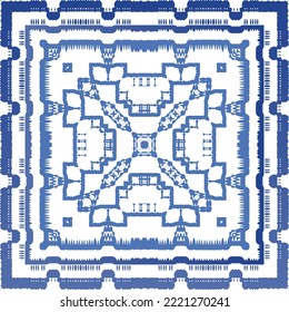 Portuguese ornamental azulejo ceramic. Vector seamless pattern collage. Universal design. Blue vintage backdrop for wallpaper, web background, towels, print, surface texture, pillows.