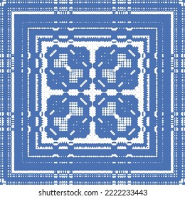 Portuguese ornamental azulejo ceramic. Vector seamless pattern flyer. Minimal design. Blue vintage backdrop for wallpaper, web background, towels, print, surface texture, pillows.